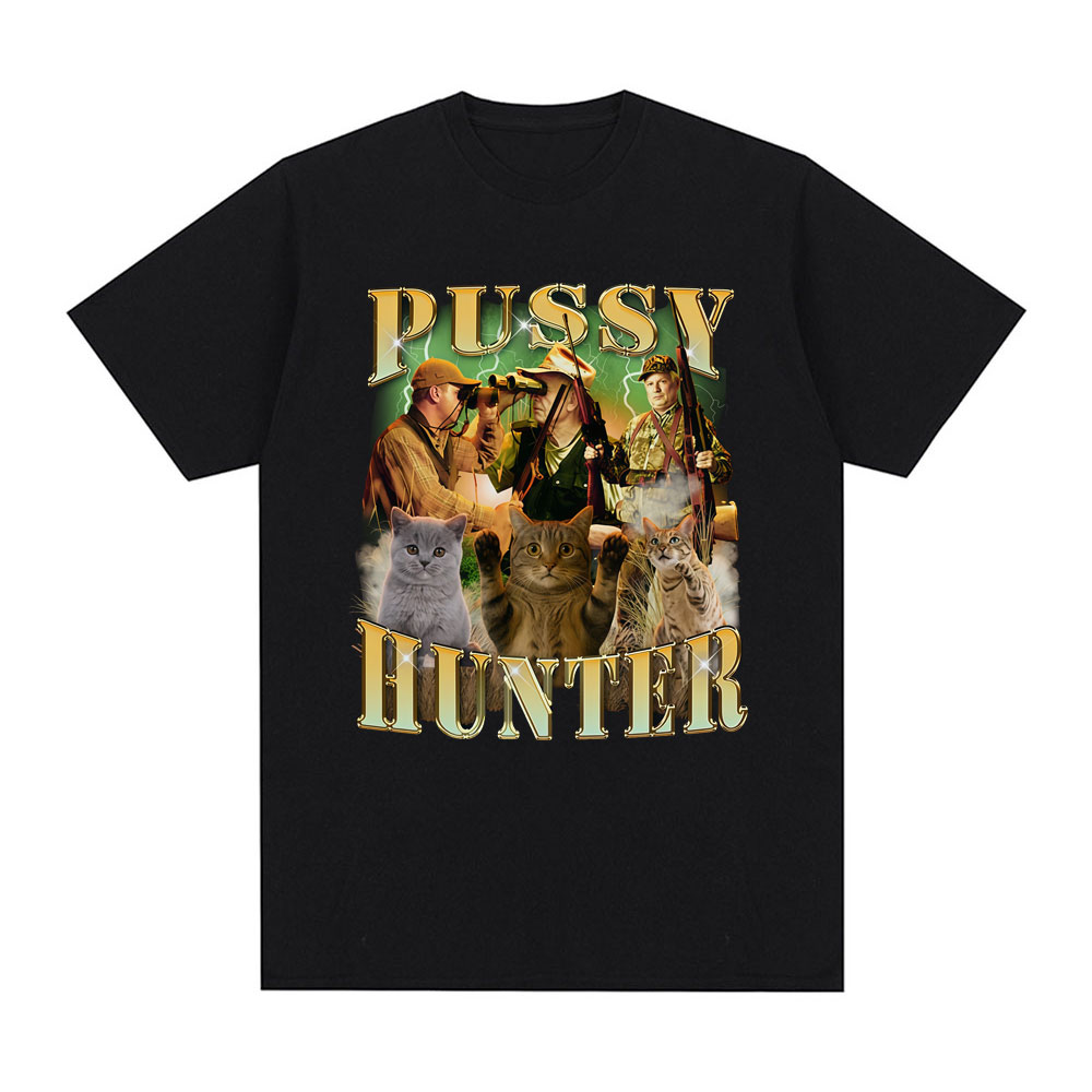 Outdoor Hunting Graphic Tees - T-Shirt Vintage Estiva con Grafica Gatto